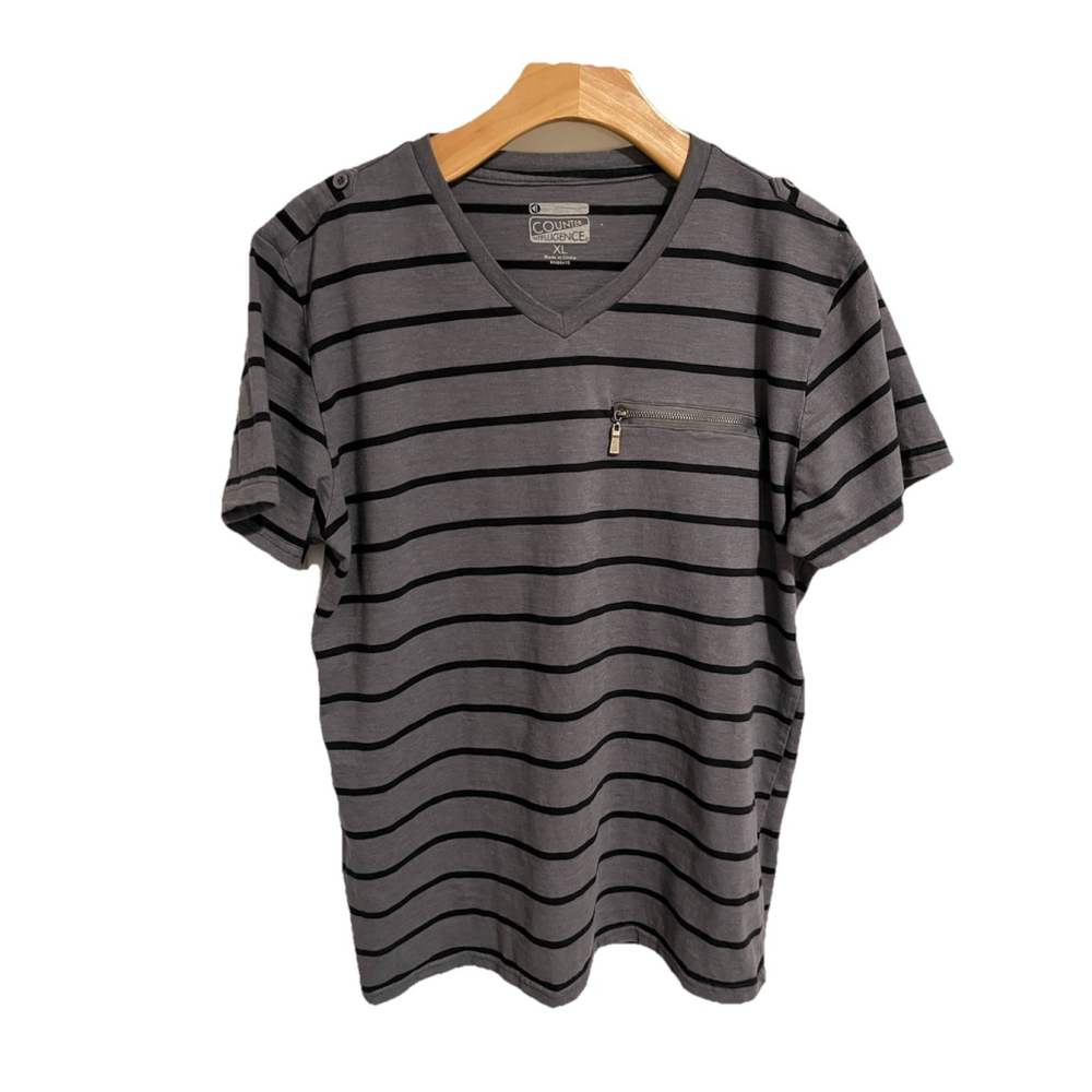 Counter Intelligence Shirt Men's XL Gray Striped V Neck Tee